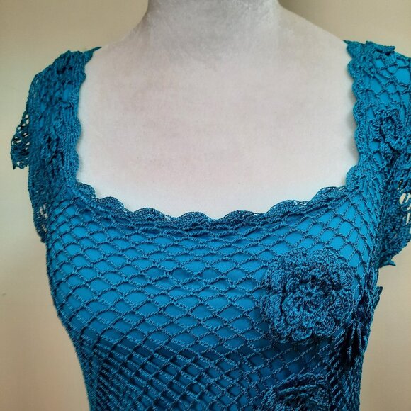 Y2K Crochet Top 3D Flowers Turquoise Blue Size M Boho Fairy - Picture 5 of 9